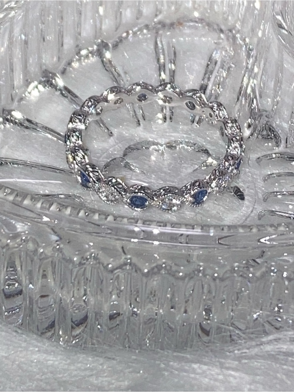 Blue and Clear Crystal Eternity Ring in Silver Tone
